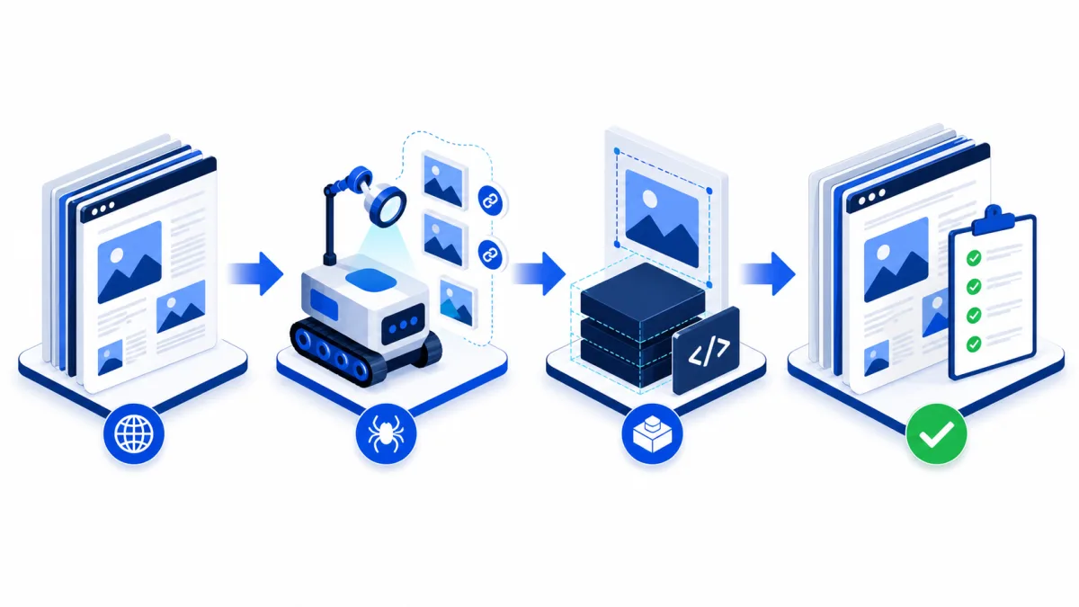 Quy trình audit alt text từ crawl, phân loại ảnh, sửa template đến kiểm tra mẫu sau triển khai