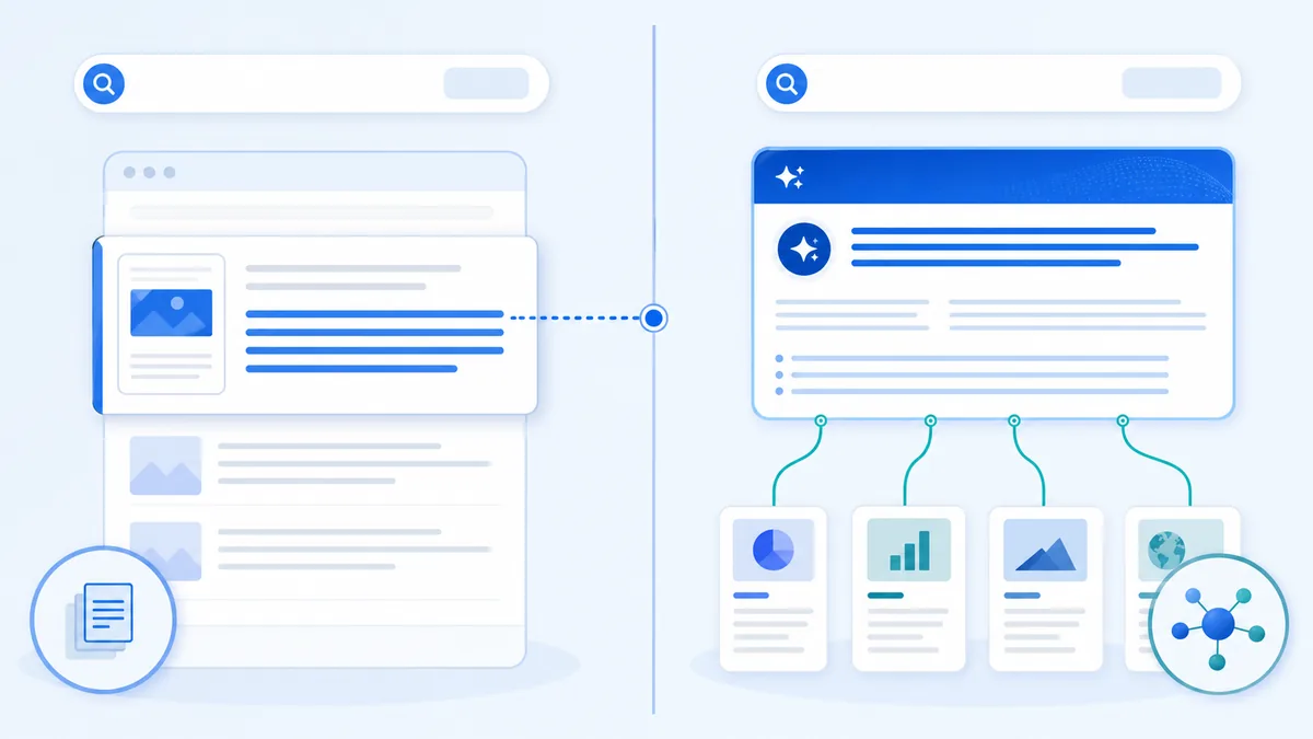 So sánh Featured Snippet trích một nguồn với AI Overview tổng hợp nhiều nguồn