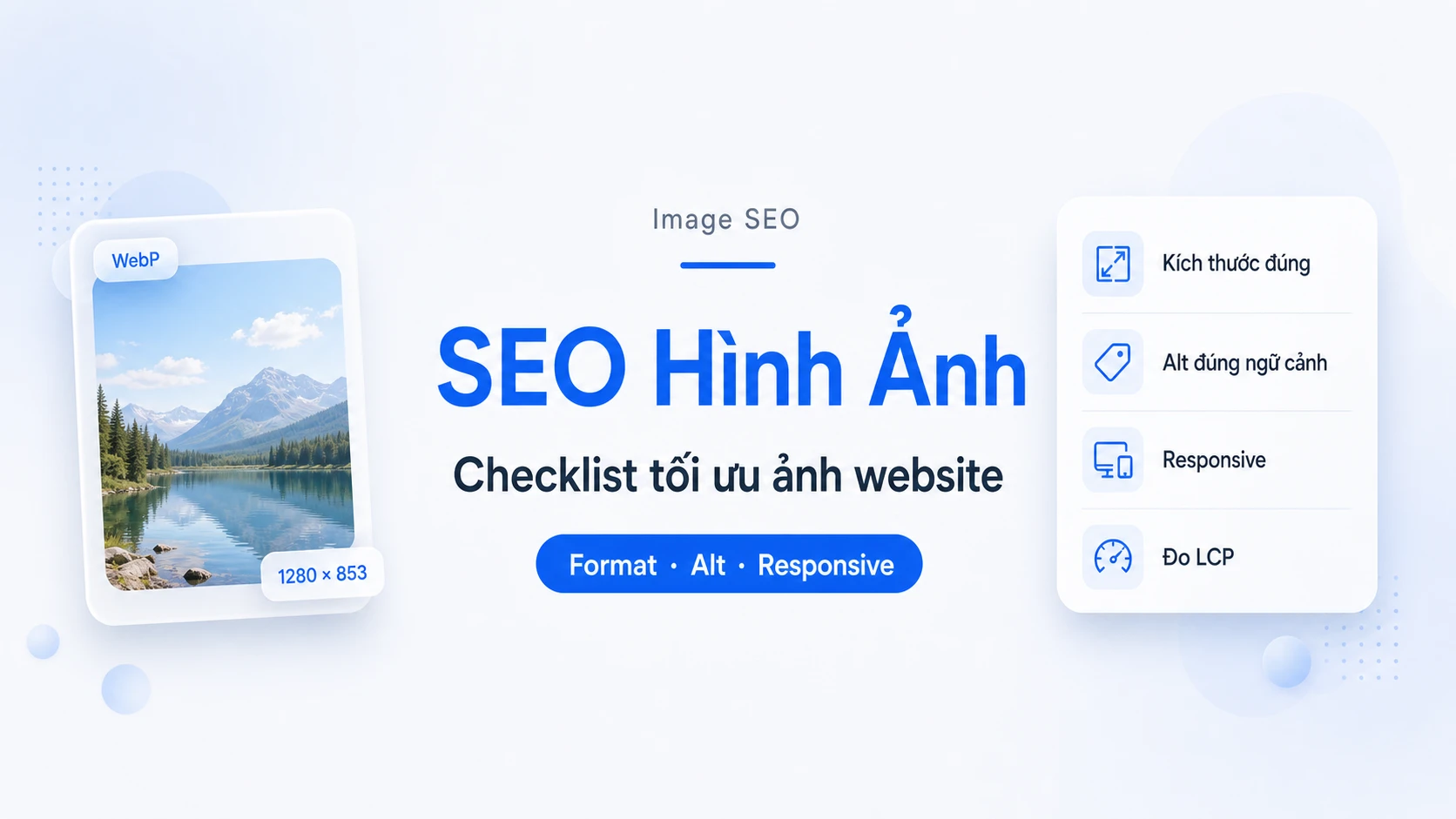 Sơ đồ tổng quan Image SEO gồm format, responsive image, LCP, alt text và khả năng index