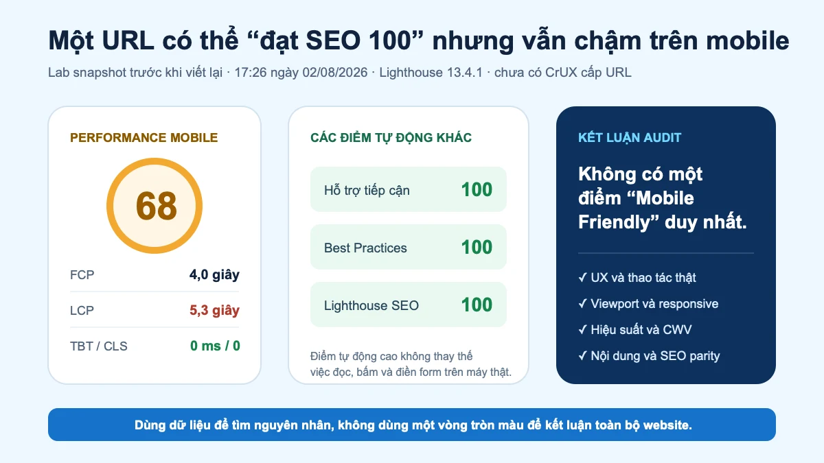 Kết quả audit mobile thực tế với Performance 68, Lighthouse SEO 100 và LCP 5,3 giây