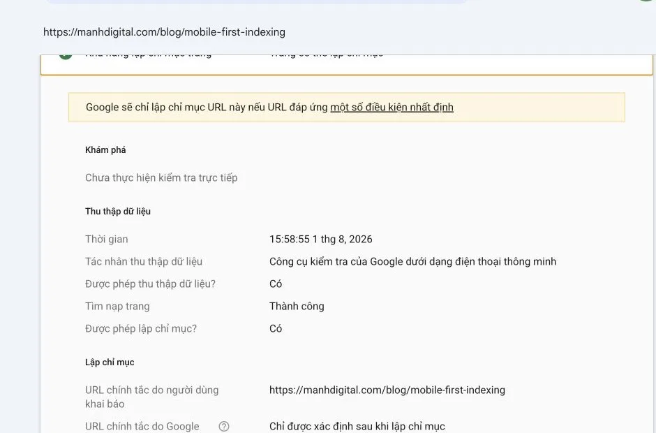 Google Search Console xác nhận Googlebot Smartphone thu thập thành công bài Mobile-First Indexing