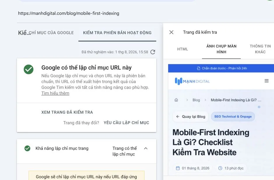 Ảnh Googlebot Smartphone render bài Mobile-First Indexing trên Mạnh Digital