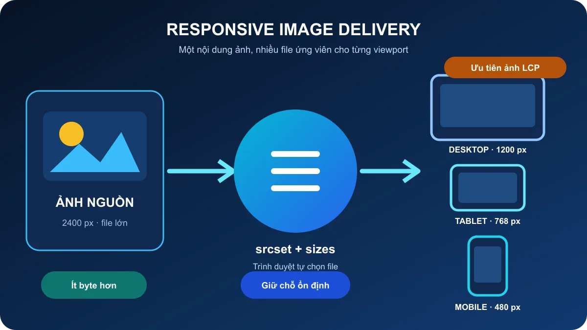 Một ảnh nguồn được phân phối thành biến thể 1200, 768 và 480 pixel bằng srcset và sizes