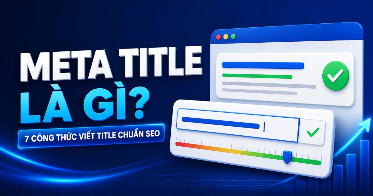 Minh họa cách viết Meta Title chuẩn SEO với thước đo độ dài và tín hiệu kiểm tra